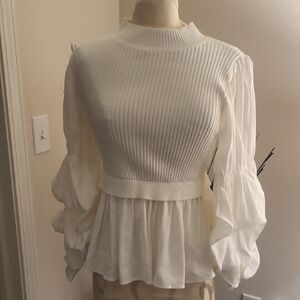 English Factory White Ribbed Blouse with Ruffled Sleeves